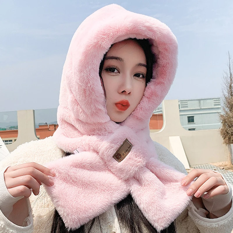 Winter Hand-woven Scarf Velvet Hat Scarf Thicken Hooded Women Plush Neck Warm Russia Outdoor Ski Windproof Hat Fluffy Beanies