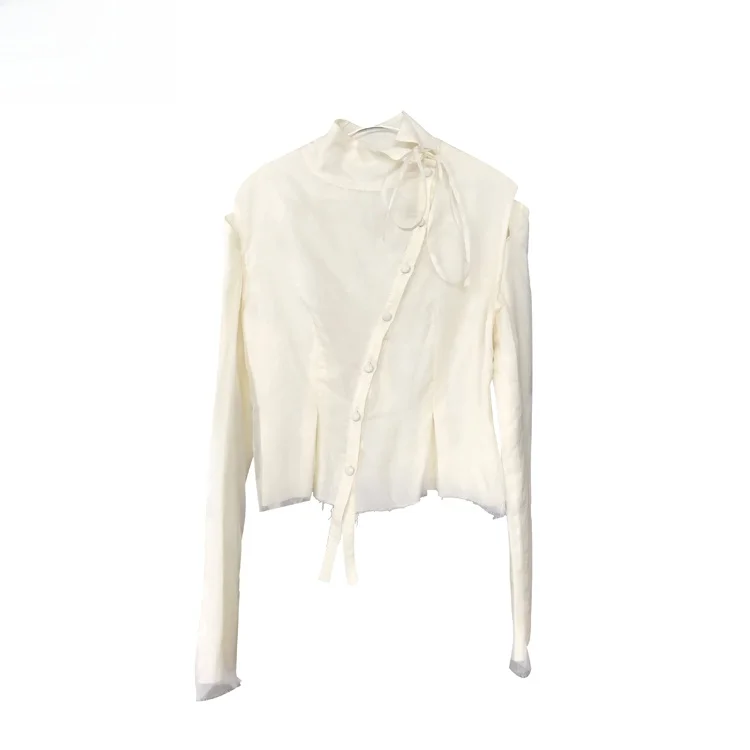 

Milk White Ogeea Cold Beau Girl's Asymmetrical Button up irt with Fringe 209 Autumn Faion Ladies' Premium Blouse
