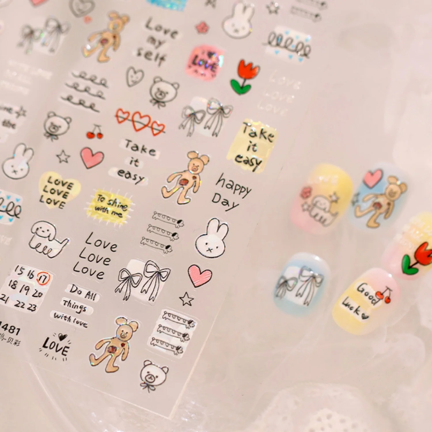 5D Hand Drawn Sketch Nail Stickers Rabbit Bear Dog Tulip Heart Bow Number Calendar Tag Decals Minimal Self Adhesive DIY Decor
