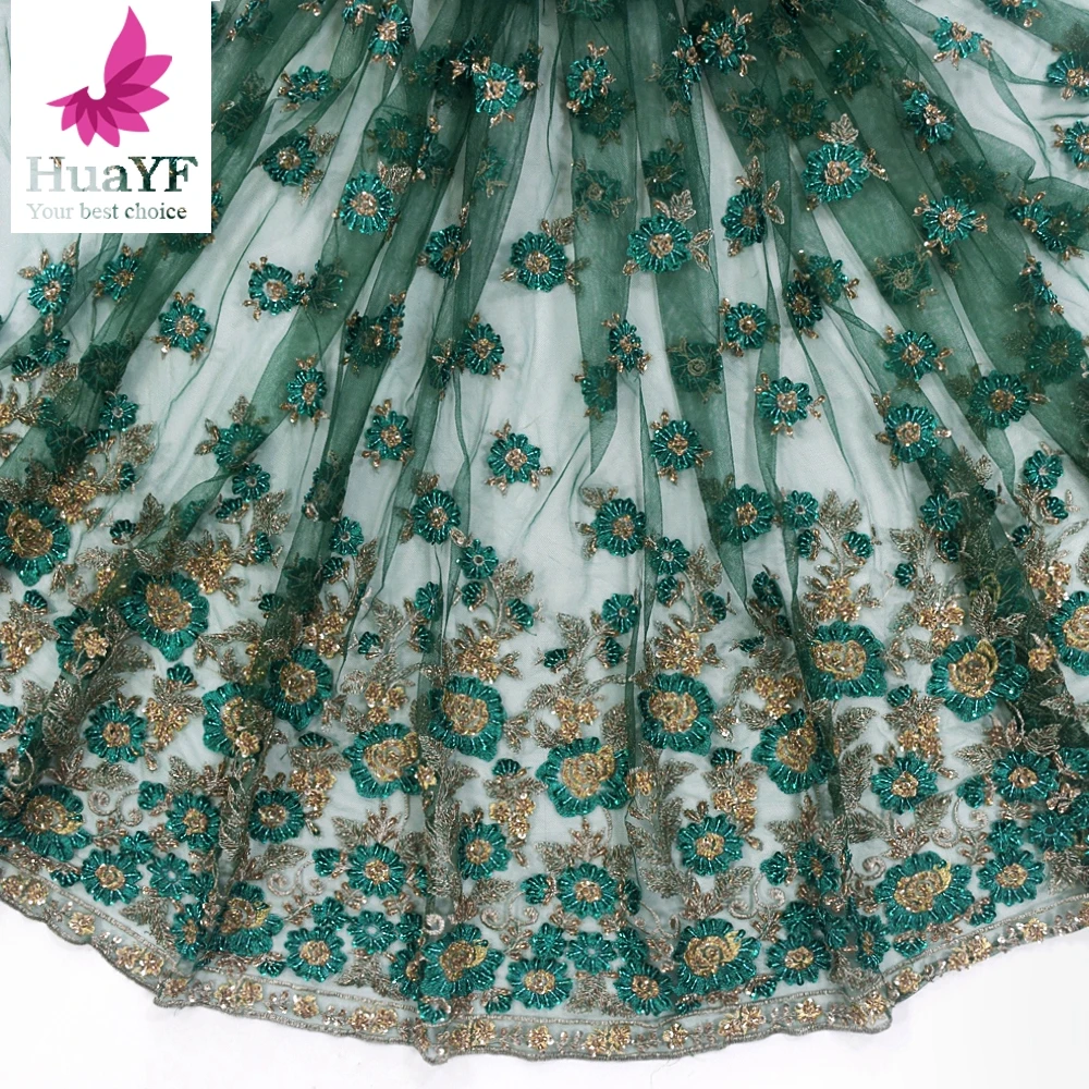 Handmade Green tulle Lace Fabric DIY sequins Embroidered African French Lace for wedding/evening / party dress cheongsam HY1311