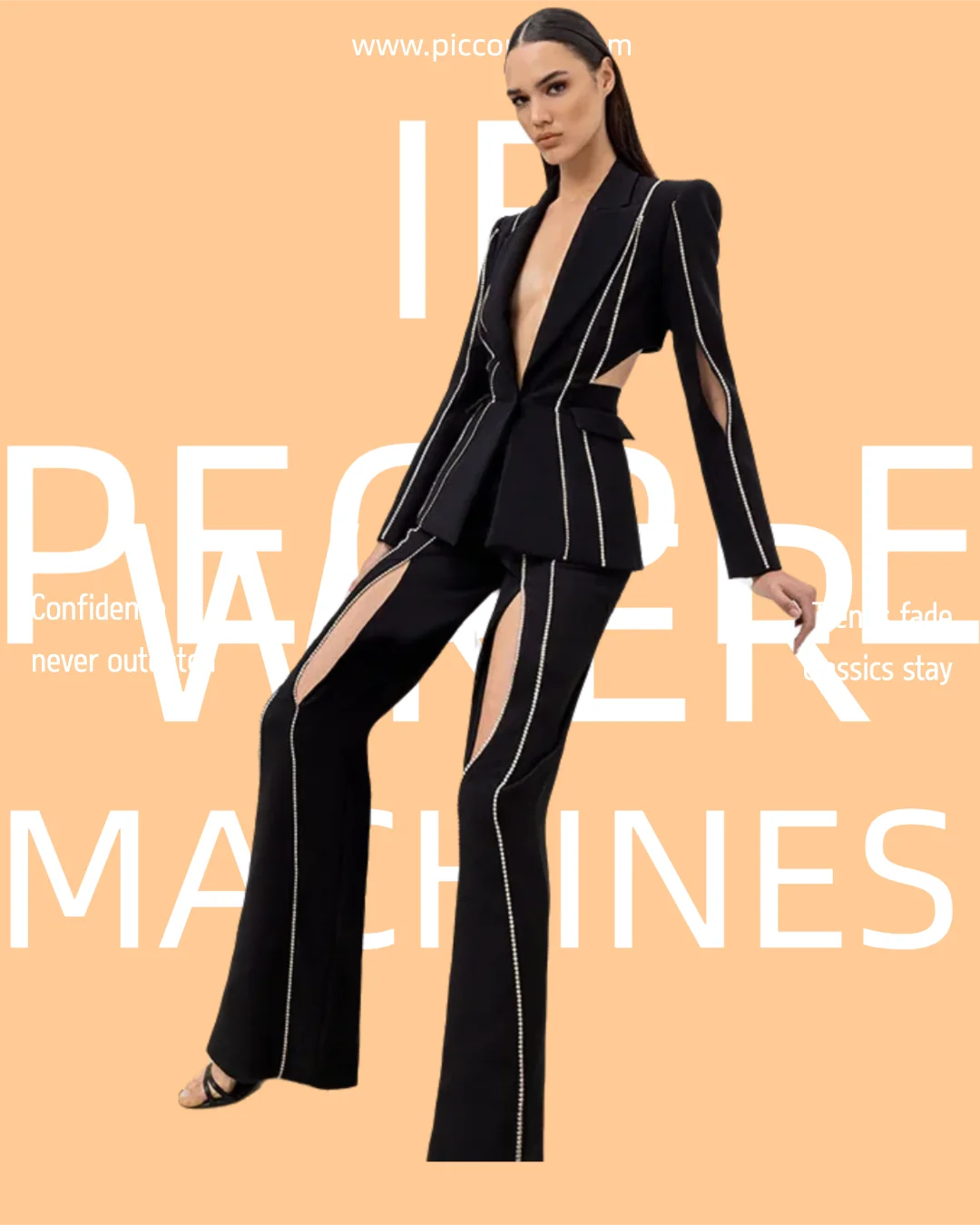 

2026 High Street Sexy Midriff Cut-Out Diamonds Women Blazer Trousers Sets European Fashion Deep V-Neck 2-Piece Suit Pants Outfit