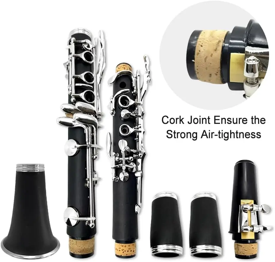 Beginner Bb Clarinet Kit with 17 Keys, Nickel-plated, Includes Hard Case, Cleaning Tools, and Accessories for Easy Start