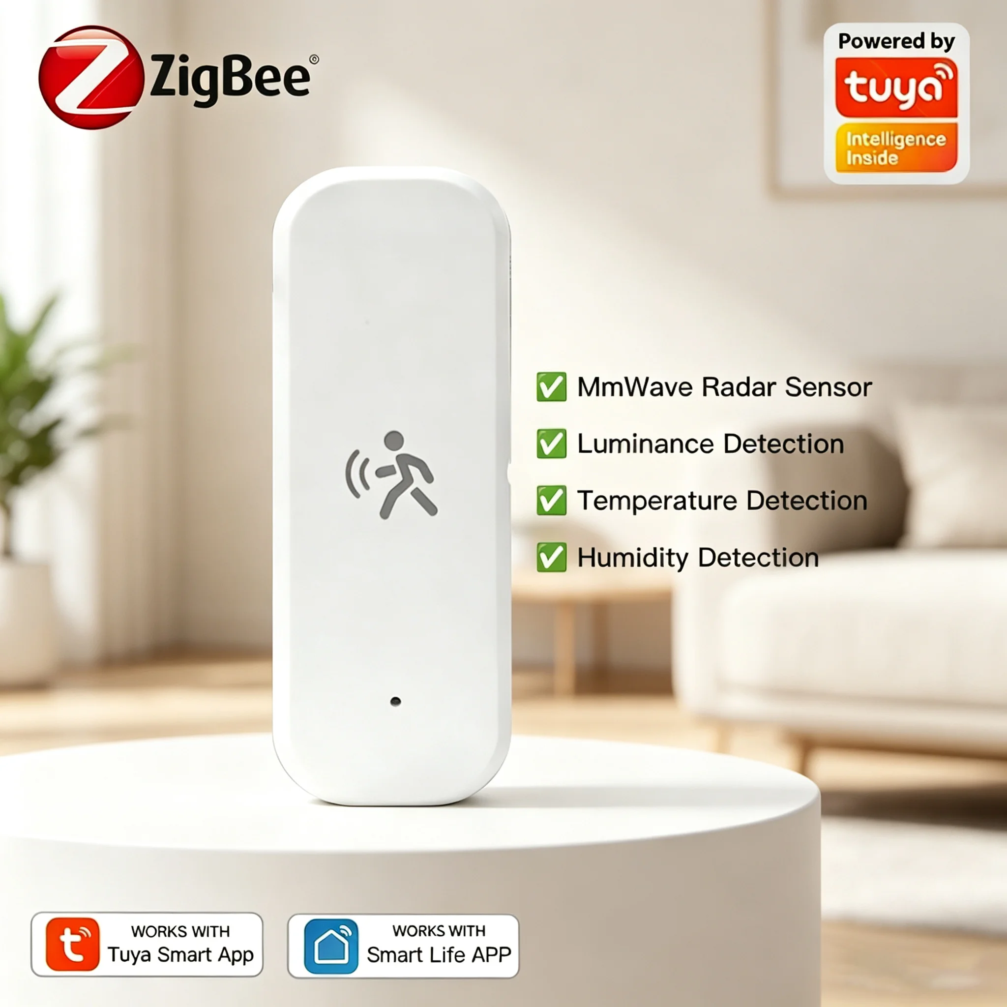 Tuya Smart Zigbee MmWave Radar Human Motion Sensor 10G 4-in-1 Detector with Luminance Temperature Humidity Sensor for Home