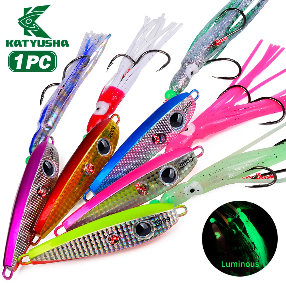 

PROBEROS 1pc Luminous Squid Skirt Double Hook Fish Bait 60-200g Deep Sea Slow Shake Iron Plate Bait Sea Fishing Tuna Fake Lures