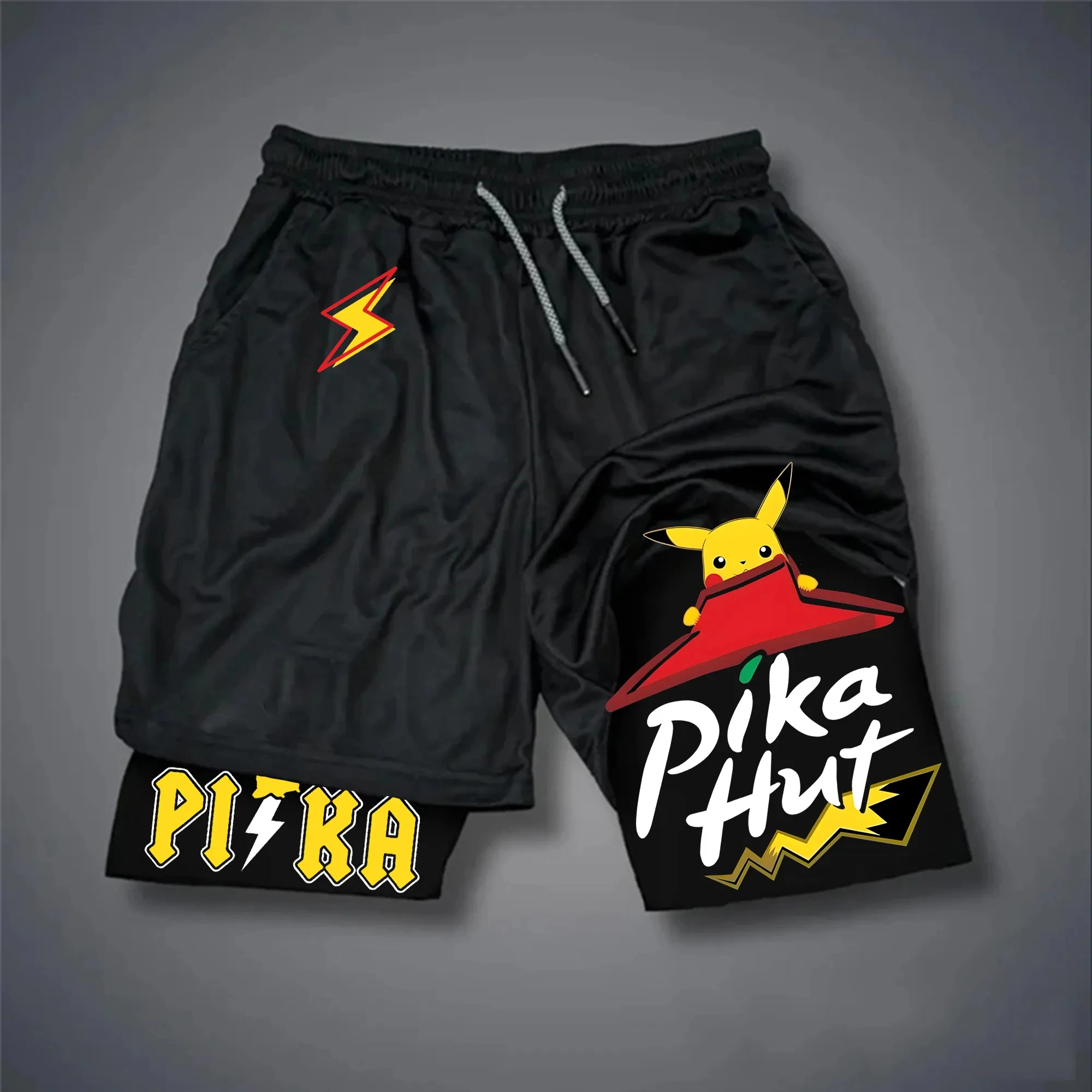 pokemon-pikachu-shorts-masculino-algodao-calcas-esportivas-2025-verao-grafico-bottoms-base-preta-pikachu-personagem-vermelho-amarelo-relampago