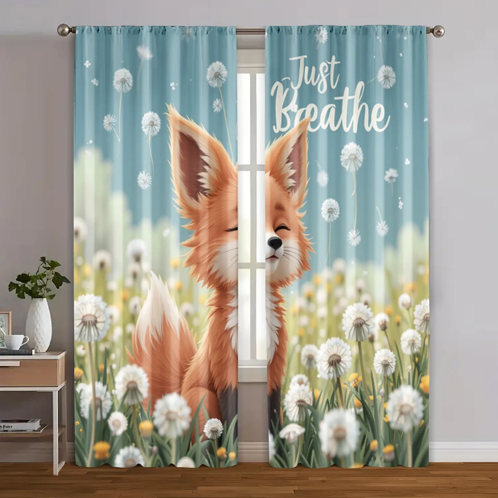 2pcs, Creative Curtains Fox & Dandelion Machine Washable (without rod) Decorations Inside Ldeal for Bedroom Living Room Window