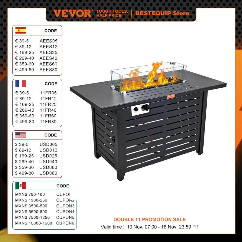 VEVOR Gas Fire Pit Table 43/54 In 50000 BTU Propane Outdoor Wicker Patio with Carbon Steel Tabletop Lava Rock Glass Wind Cover