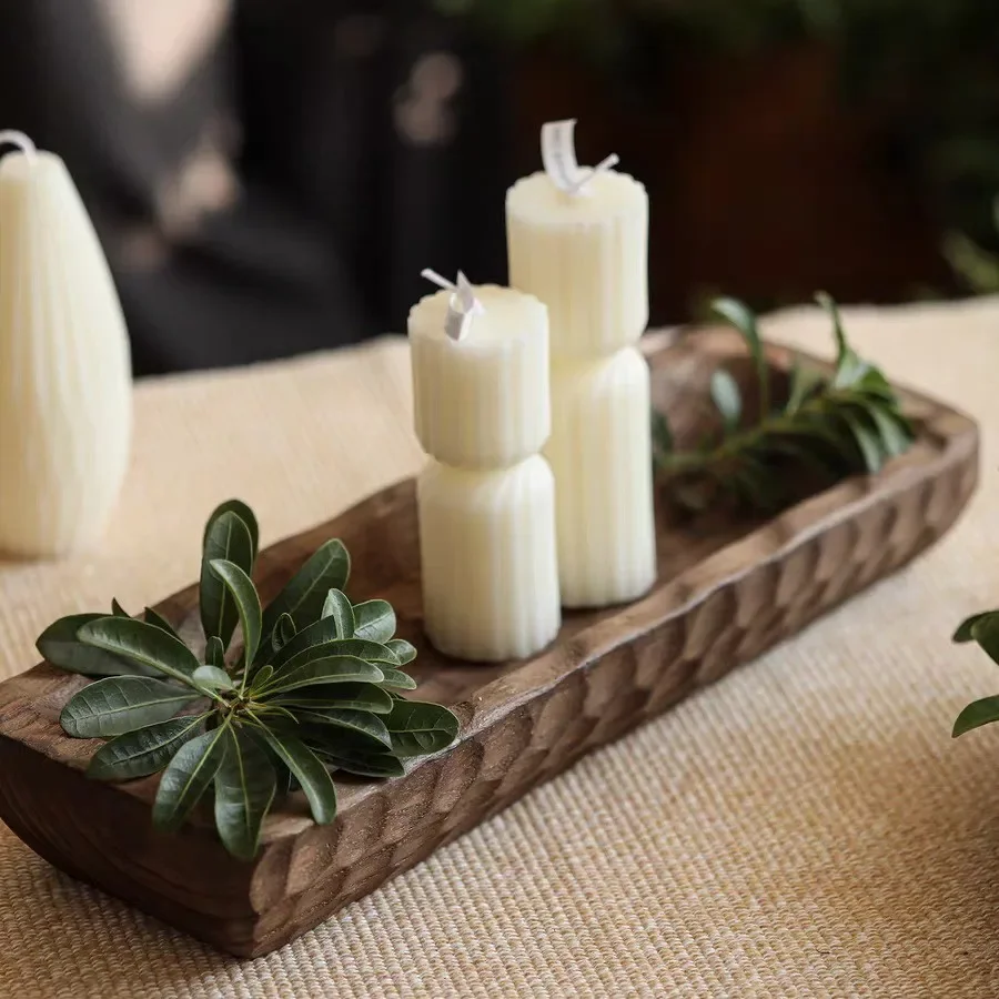 Walnut grain long fruit plate carving process rectangular solid wood snack plate retro wabi sandy wind entrance tray ornament