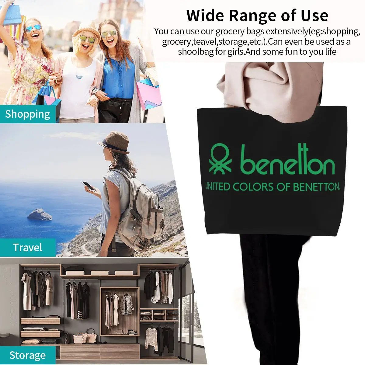 United Colors Of Benetton Shopping Tote Bag Canvas Large Capacity Shoulder Bags Shopper Grocery Handbag for Women view 6