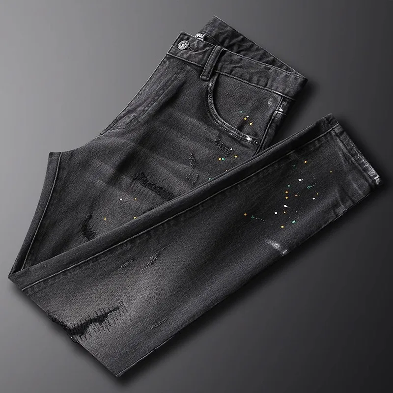 Men Black Coated Splash‑Ink Rhinestone Jeans Elastic Slim Fit Distressed High Street Casual Denim Jeanshombre