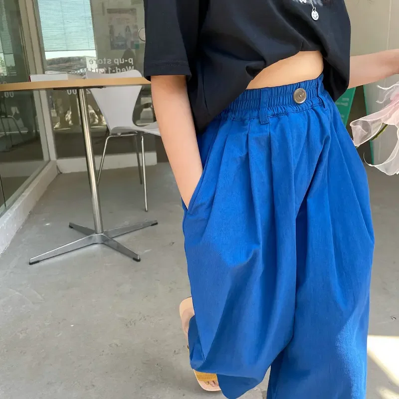 Wide Leg Pants 2024 Elastic Waist Ankle Length Loose Straight Solid Simple Fashion Casual Comfortable Autumn Children Girls