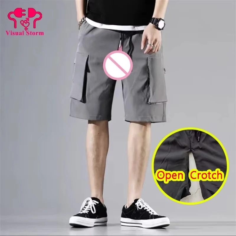 2025 7XL Men Open Crotch Mini Cargo Pants Invisable Zippers Loosed Pockets Fashion Leggings Korean Style Crotchless Clubwear