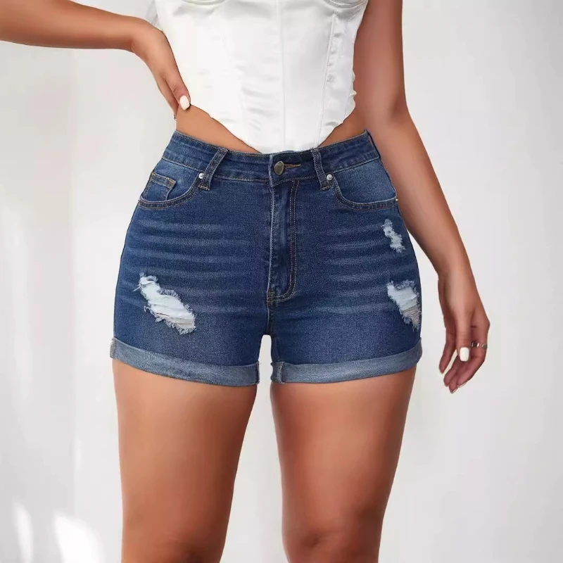 

Women's Denim Shorts 2024 Summer New Breakthrough Elastic Solid Streetwear Sexy Curled Hem Hot Pants Pantalon Corto Mujer Verano