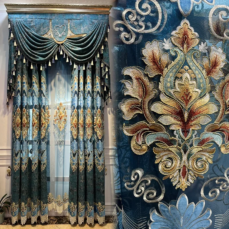 

Villa European Light Luxury Palace Living Room High-end Atmospheric Hollow Embroidered Chenille French Embroidered Curtain