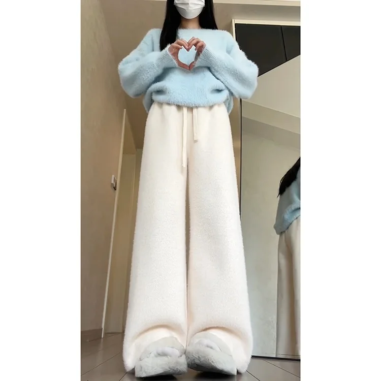 กางเกงขายาวทรงตรงเอวสูงผ้าถักขนสัตว์นุ่มสบายผิวสำหรับผู้หญิง ฤดูใบไม้ร่วง ฤดูหนาว รุ่น Thiened Fce เหมาะสำหรับใส่ทำงาน