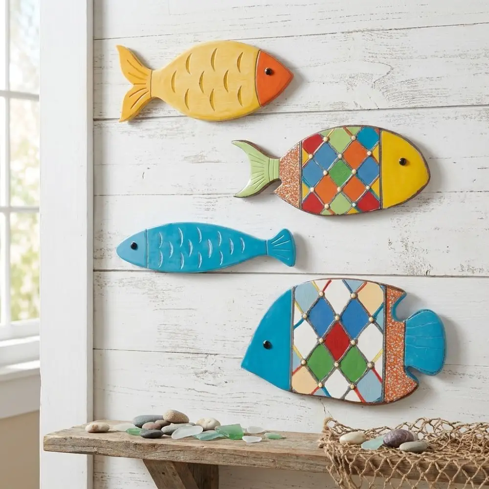 2D Fish Shaped Wood Fish Wall Decor Beach Theme Vintage Style Nautical Fish Art Sculpture School of Fish Rustic Retro