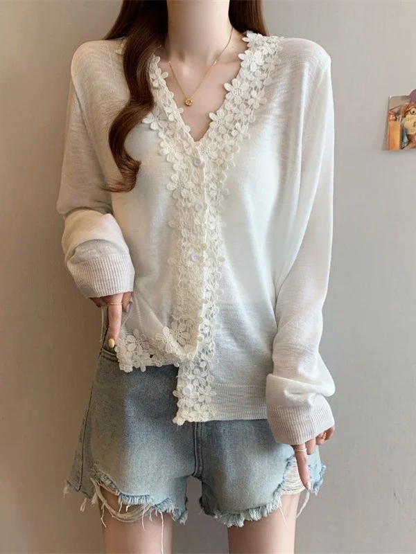 Light Blue Floral V-neck Knitted Open Cardigan Women's Spring Summer New Style plus Size MM Strap Dress Outer Top