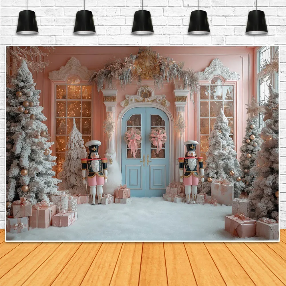 Mocsicka Winter Photography Background Blue and Pink Christmas Gift Shop Snow Xmas Tree Outdoor Children Princess Photo Backdrop