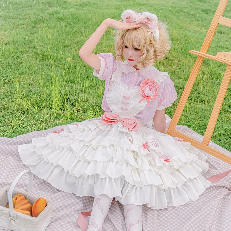 

Japanese Style Lolita Suit Top+skirt Sweet Girl Cosplay Kawaii Cute Lolita Striped Doll Collar Candy Love Bow Ruffled Cake Skirt