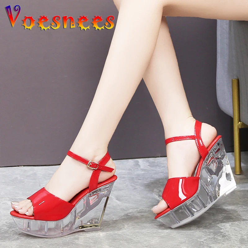 

Crystal Wedges Sandals Summer Waterproof Platform Anti-slip High Heels 10.5CM Model Fashion Show Shoes Red Brand Wedding Pumps