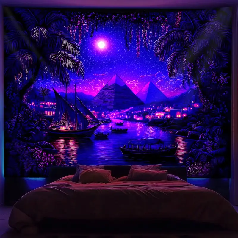 VIKAMA Egyptian Pyramid Tapestry Nile River Felucca Boat Palm Desert Moon Purple Night Oriental Wall Hanging Home Decor