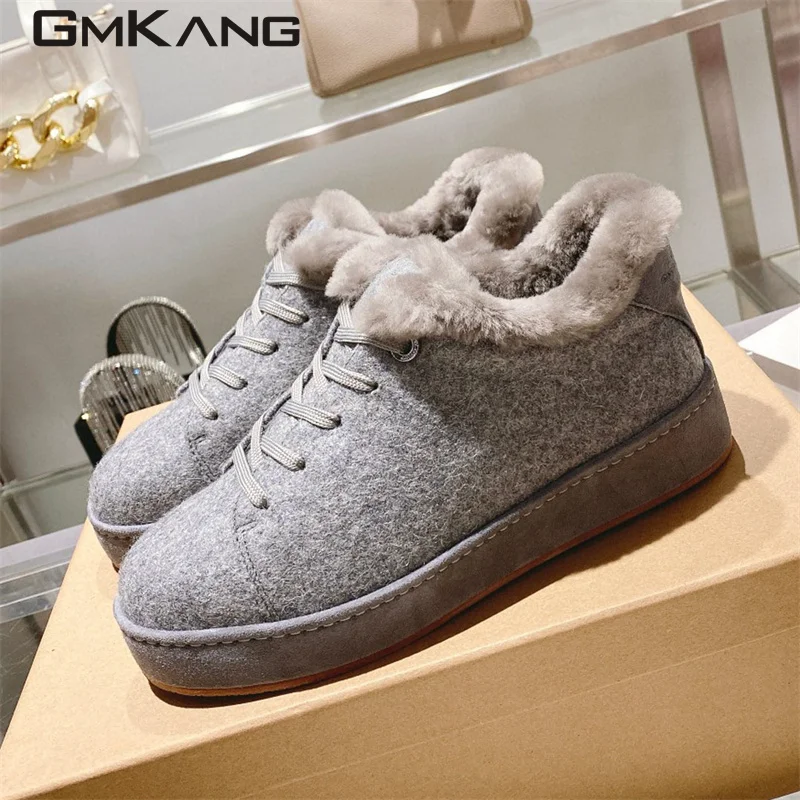 Winter Wool Shoes Women Flat Snow Boots Round Toe Lace Up Casual Shoes Woman Fashion Comfort Sneakers Women Short Boots Woman