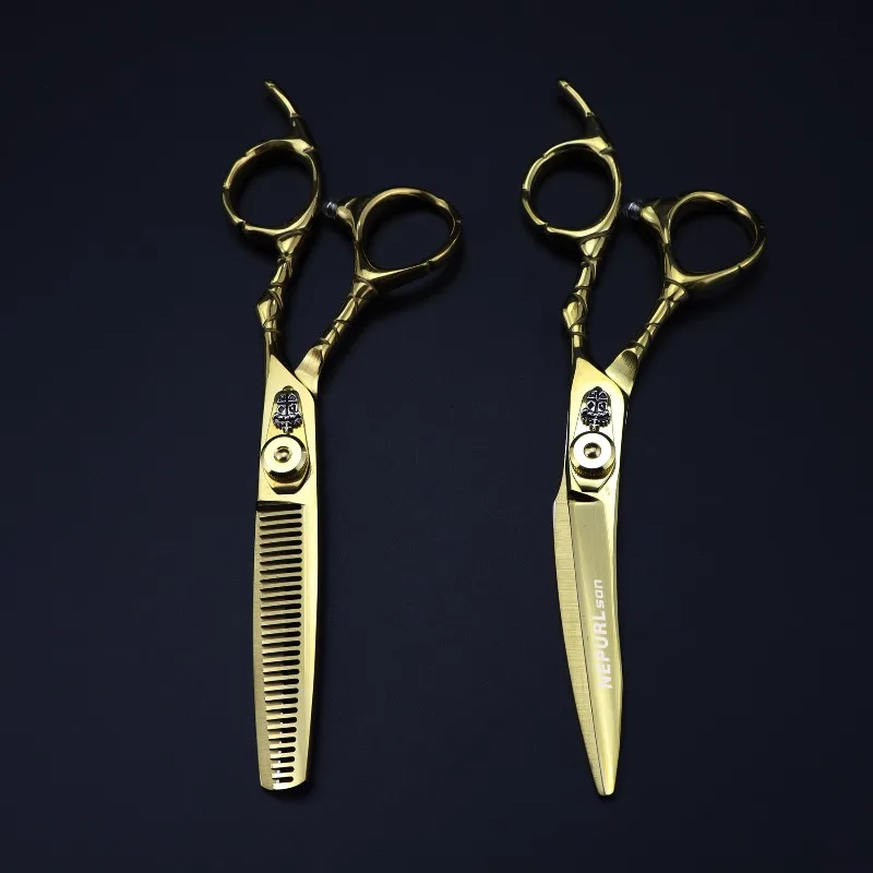 NEPURLson 6.0inch golden crocodile handle high-end hair scissors made of JP440C right-handed  sharp durable comfortable
