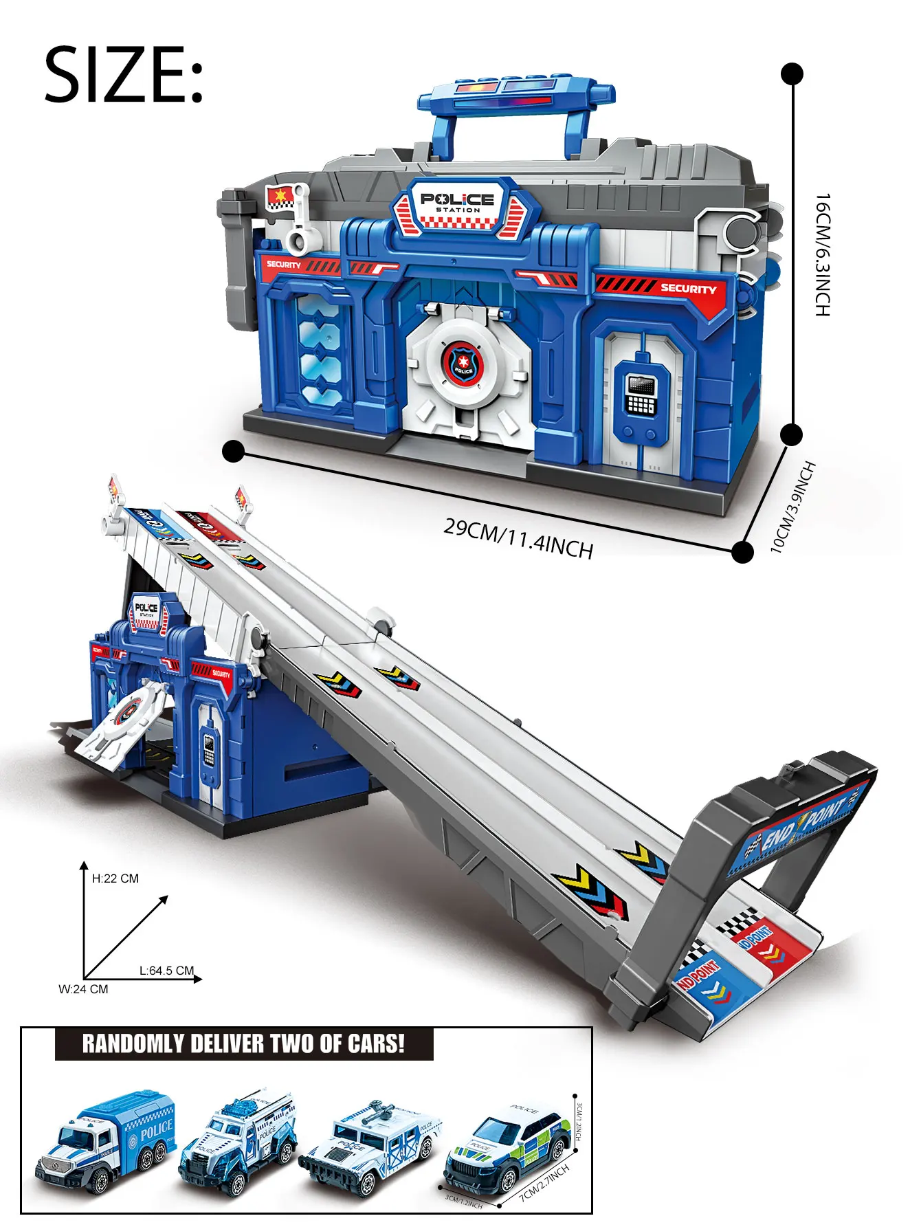 Children\'s Police Station Rail Car Toy, foldable storage catapult rail car, 2IN1, can be converted into a parking lot