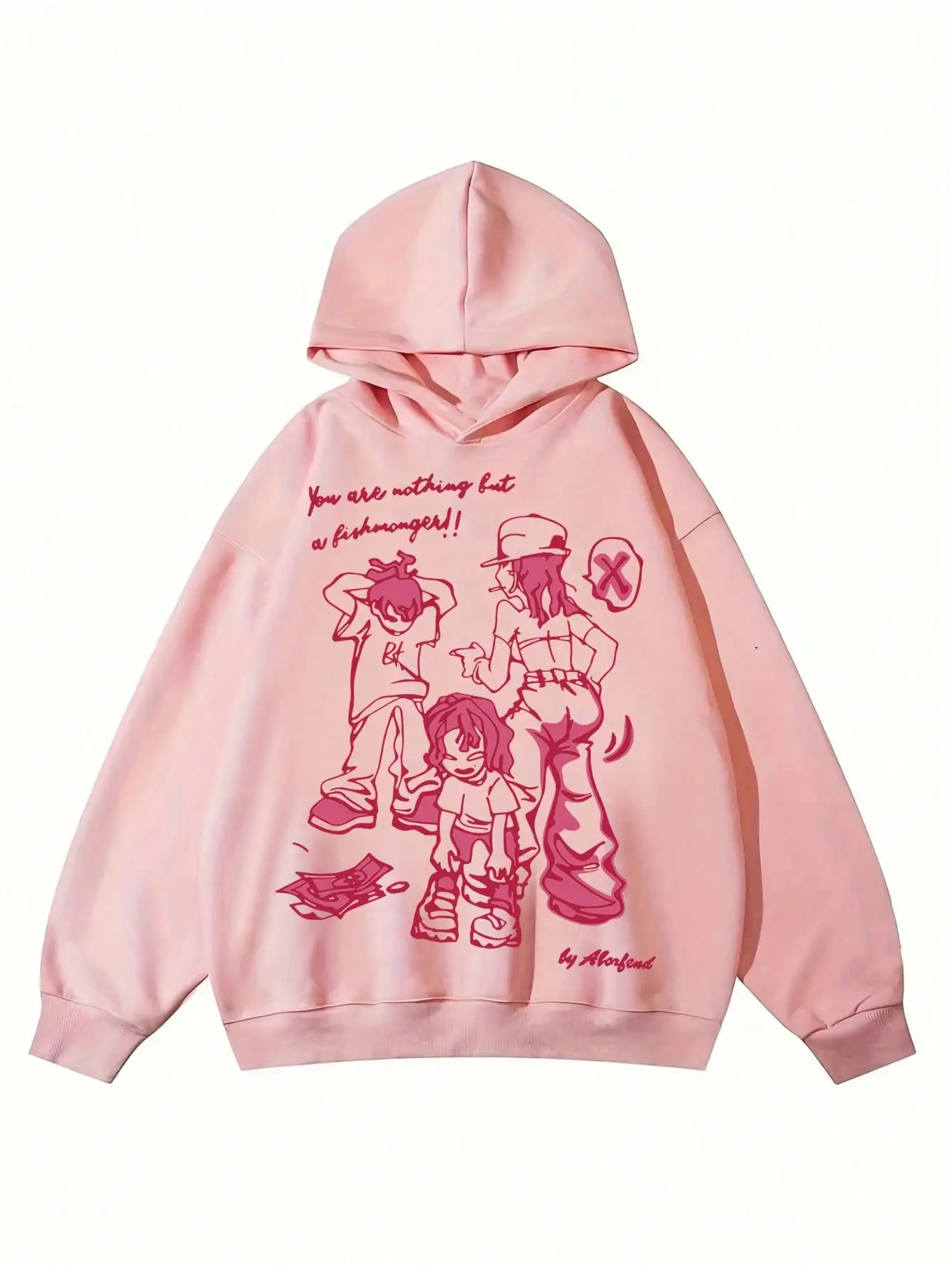 2026 Autumn New Fashion Women's Oversize Knit Hoodie Cartoon Figure Graphic Print Long Sleeve Loose Casual Pullover Sweatshirt