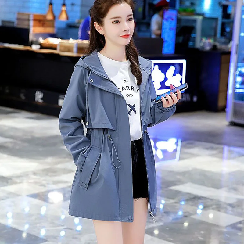 New Long Trench Coat Female Spring Autumn Loose Hooded Parker Outerwear Womens Korean Casual Windproof Formal Wear Zipper Frenum