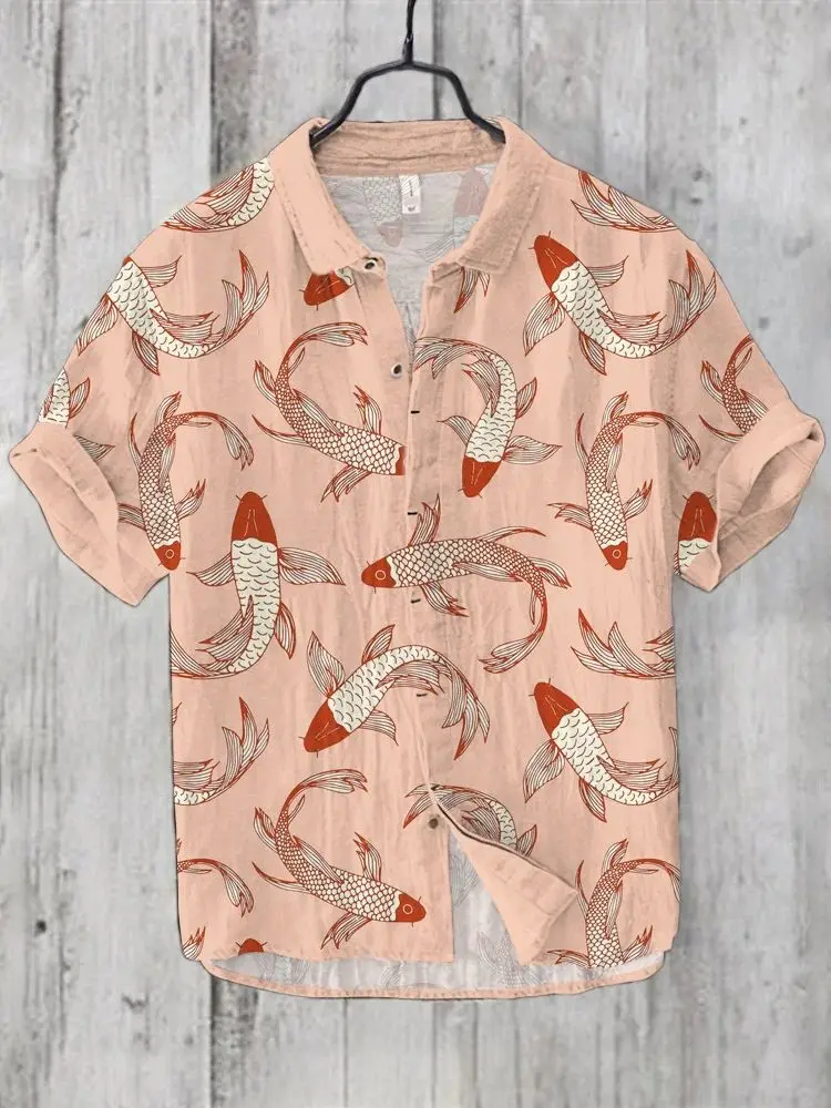 Camisa de manga corta con estampado animal para hombre, camisa de lino del sudeste asiático, cuello en V, informal, estilo étnico, Verano