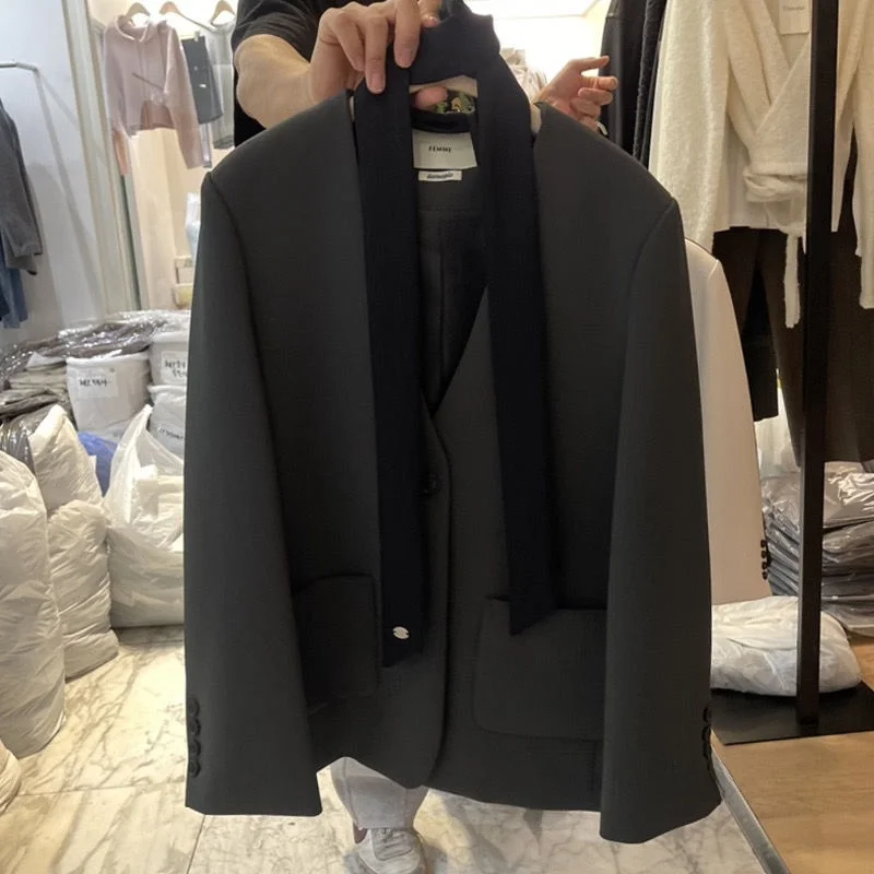 Ele V-Ne Suit Jaet Women's Loose Casual Sle Spring Autumn New Arrival Faionable Small Figure Sa Western Top