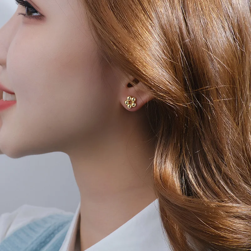 Korean Symmetrical Round Bead Earrings 925 Silver Flower Earrings Ball Connection Ear Stud New Fashion Jewelry KOFSAC