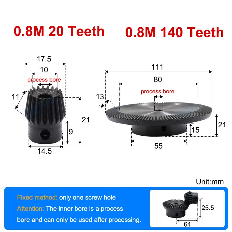 1Set(2pc) Speed Ratio 1:7 Precision Bevel Gear 90 Degrees 0.8/1.25/1.75 Module Transmission Bevel Gear Process Bore