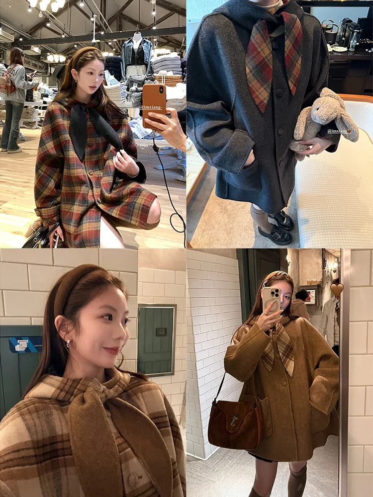 

Двустороннее зимнее шерстяное пальто, женское свободное длинное пальто с капюшоном све, однотонное пальто средней длины на пуговицах от Imxiang