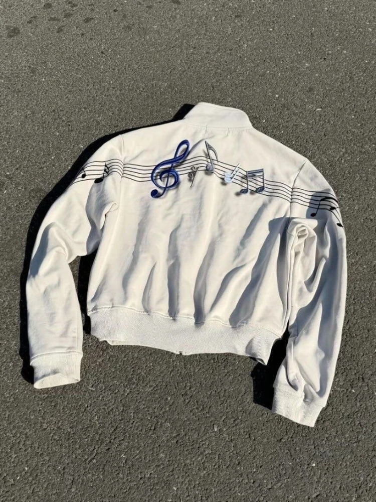 Y2K Streetwear Music Note Zip Up Jacket Women High Neck Cropped Casual Full Sleeve Sweatshirt