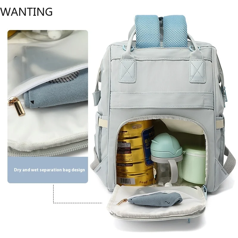 ベビーおむつバッグ マミーバッグ リュックサック 防水収納 ハンドバッグ アウトドア 旅行 ママ マタニティバッグ 赤ちゃん用品 2層 グレー