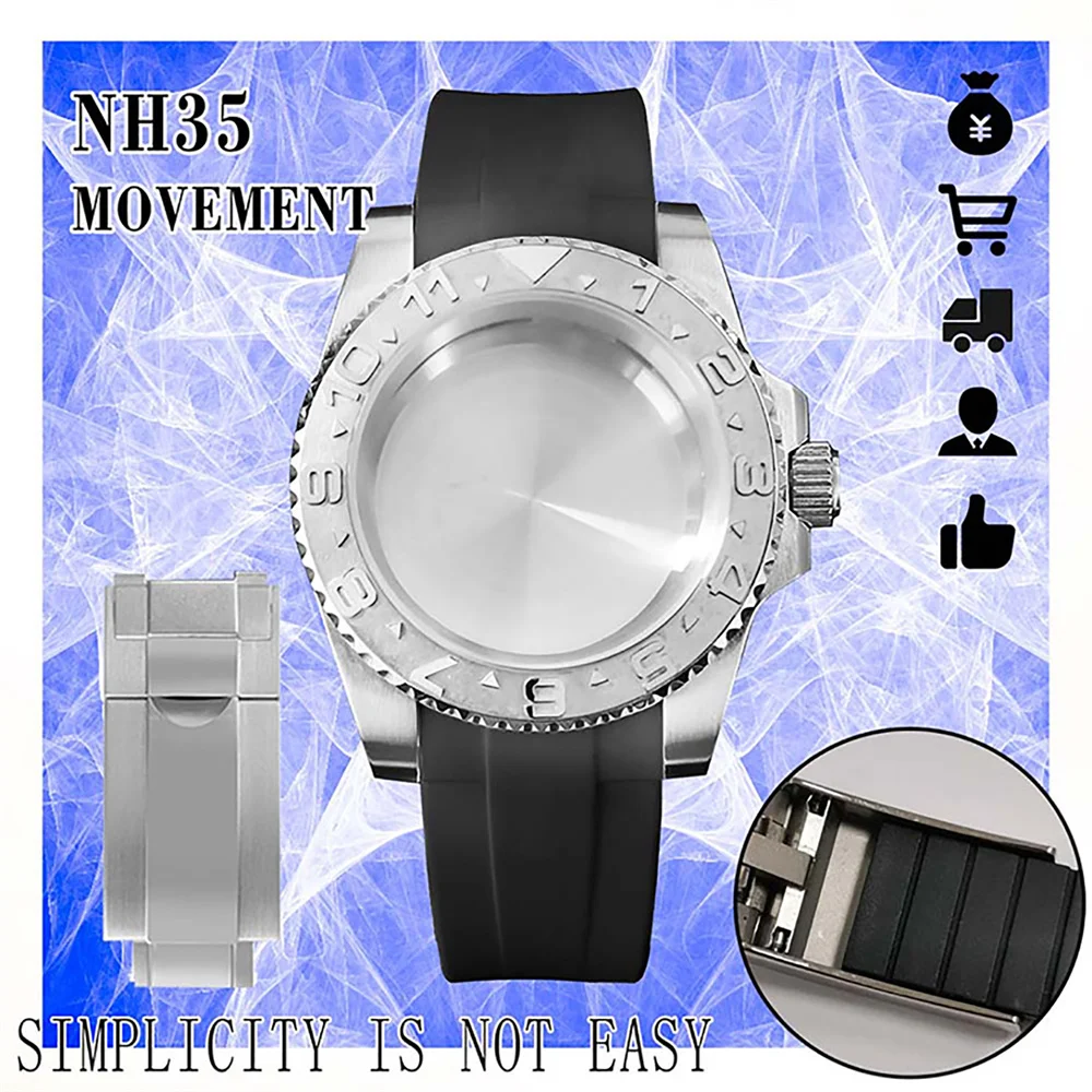 Fashion 40MM Silver Stainless Steel Case Sapphire Glass SUB Case Silicone Rubber Strap Folding Buckle for NH35/36 Movement