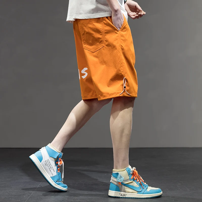 Letter Shorts Men Wide Leg Loose Sporty All-match Simple Daily Elastic Waist Knee Length Summer Korean Style Handsome Outdoor