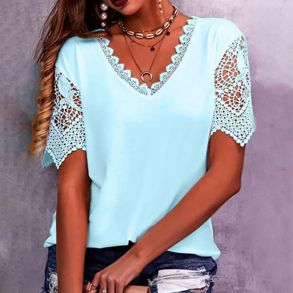 V-Neck Women T-shirt Lace Hollow Stitching Petal Short Sleeve Casual Loose Solid Color Tops Lady Pullover Women Clothing