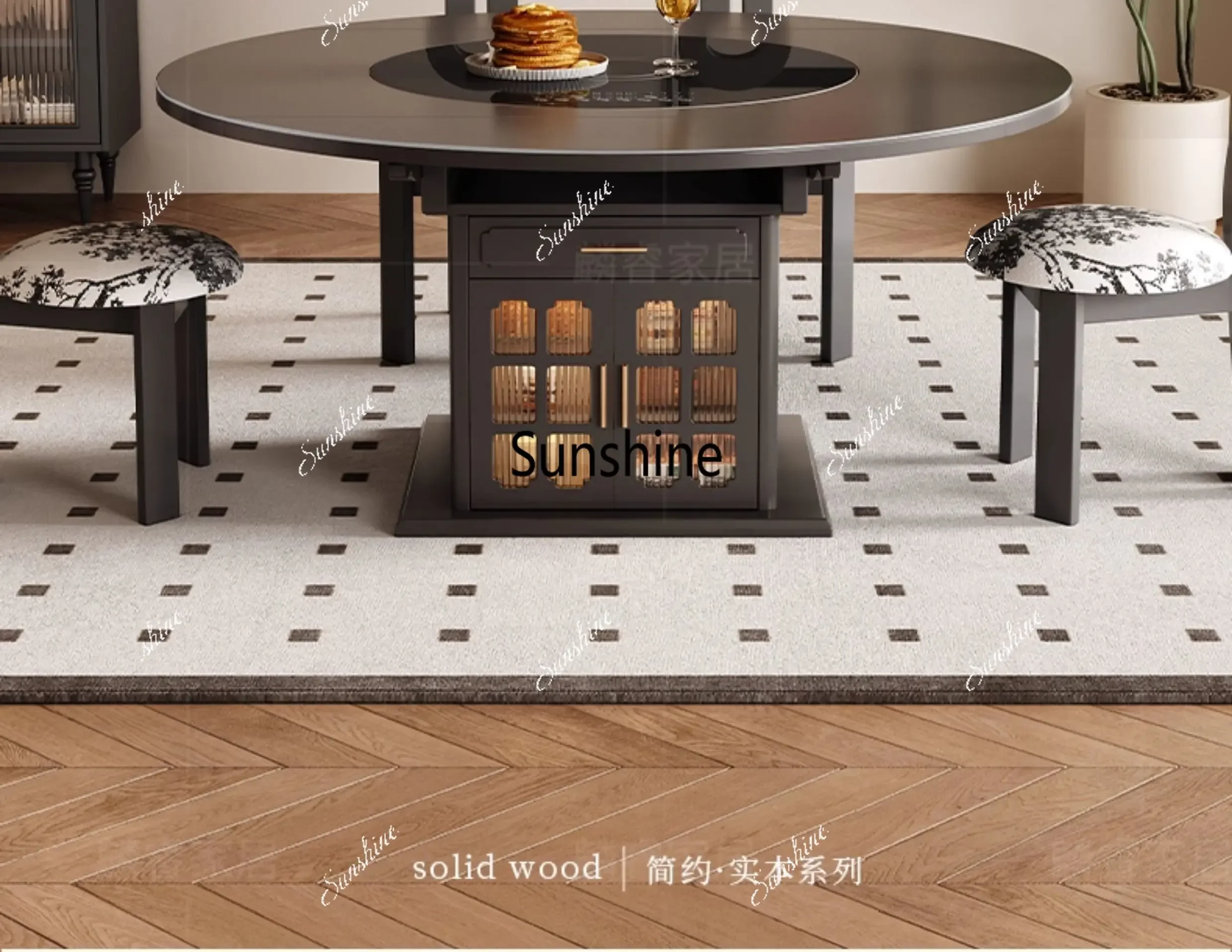 YMedieval style induction cooker electric vegetable warming turntable retractable black rock slab household round dining table