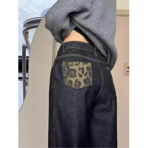 Y2K جينز نسائي أمريكي عالي الخصر أسود بطبعة الفهد حافة ملفوفة واسعة الساق فضفاضة متباينة غرزة الصيف السراويل #4