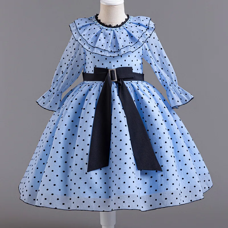 

2024 New Polka Dot Long Sleeved Girls Dress Ruffled Collar Fashion Children Girly Princess Dresses Holiday Party Girl Clothing