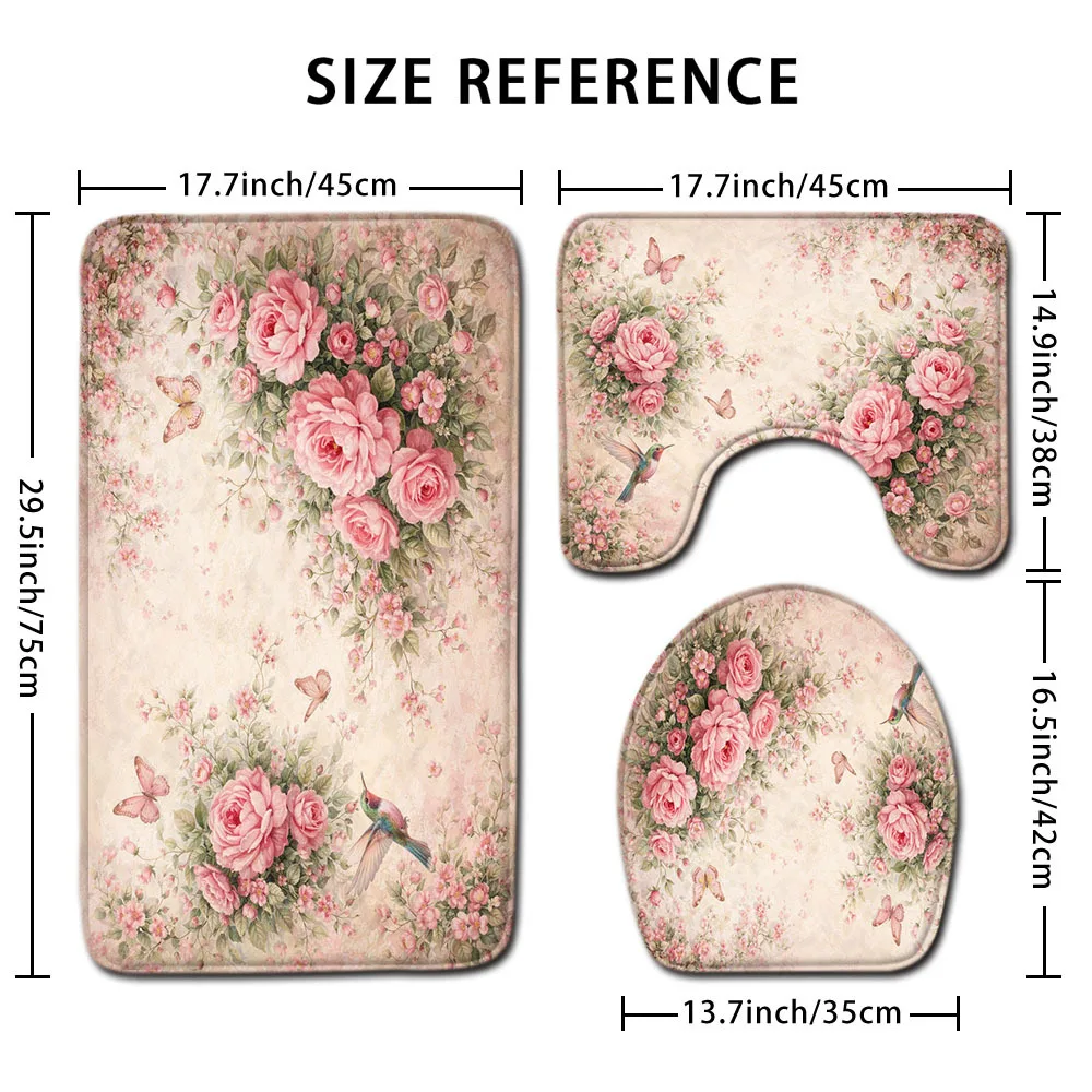 

Vintage Pink Roses Butterflies Birds Bathroom Rugs Set 3pcs Non Slip Waterproof Floor Mats for Toilet Sink Shower Area Decor