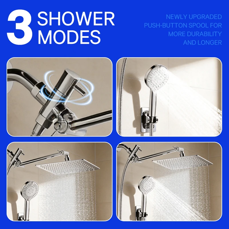 Stainless Steel 8 Inch Overhead Showerhead 7 Modes With Extension Arm Multi-function Hand Shower Wall Mounted Showerhead Set