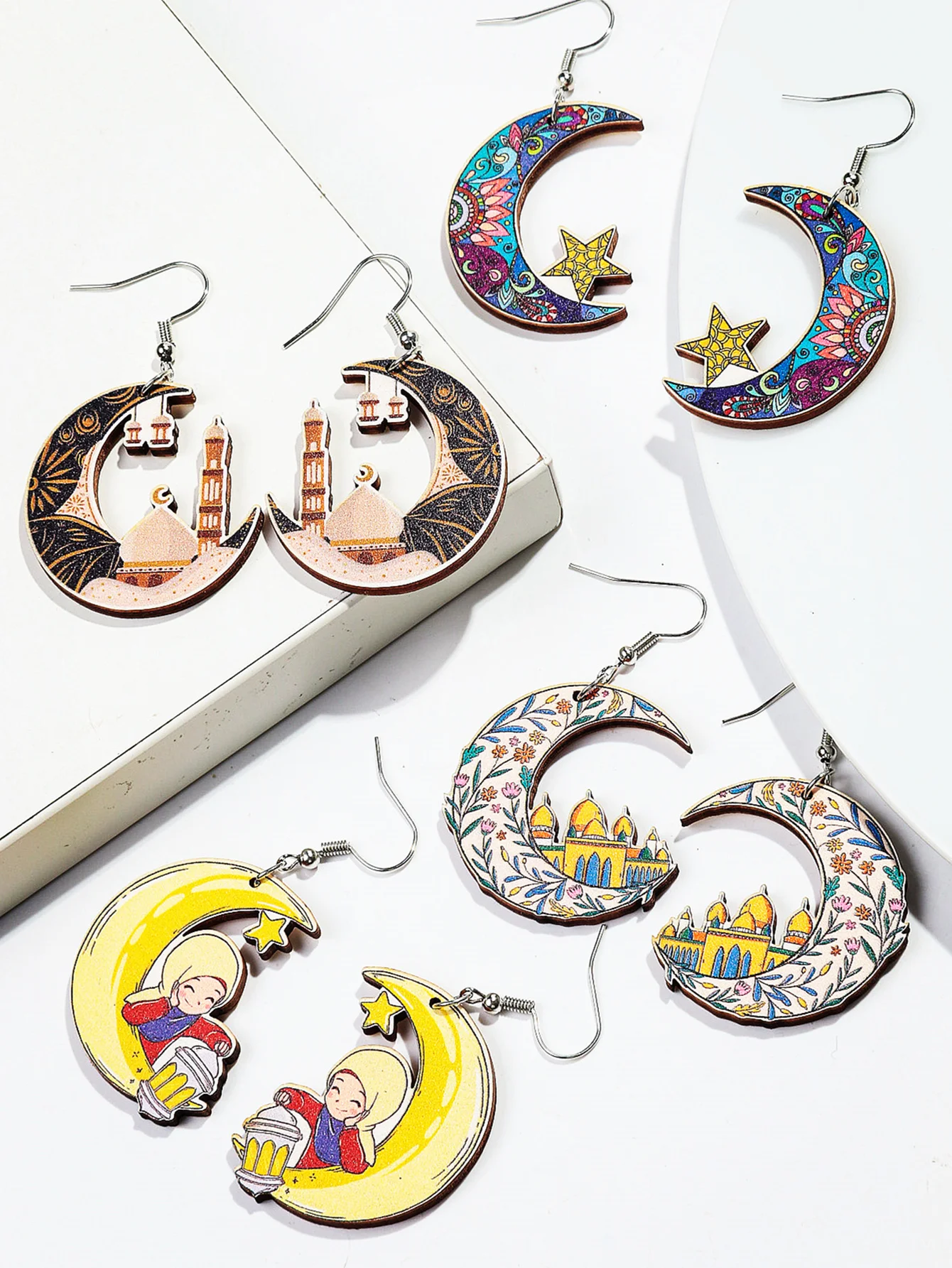Funny Colorful Acrylic Moon Star Castle Drop Earring Cute Cartoon Earrings for Women Girls Ramadan Jewelry Accessory