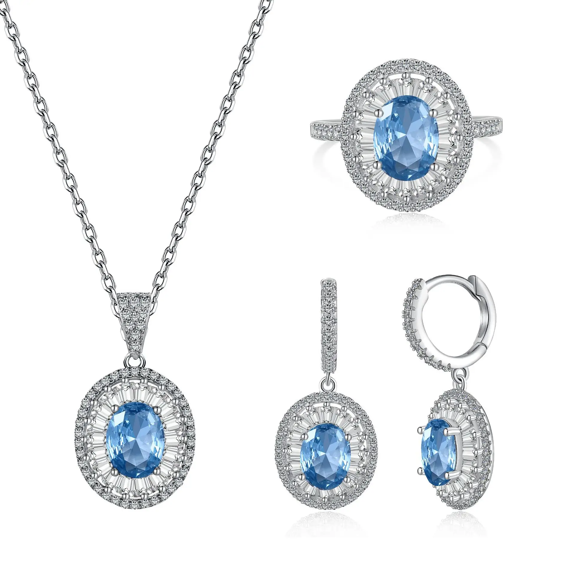 

S925 Sterling Silver Blue Zircon Ring Earrings Necklace Women's Three piece Set Full Diamond Oval Aquamarine Jewelry Set