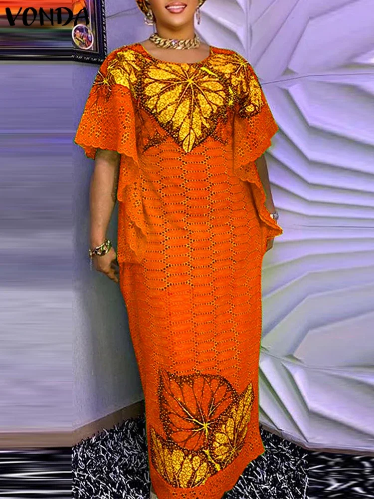 VONDA Bohemian Long Maxi Dress Women Printing Sundress 2024 Vintage Short Sleeve Party Vestidos Casual Loose Robe Oversized