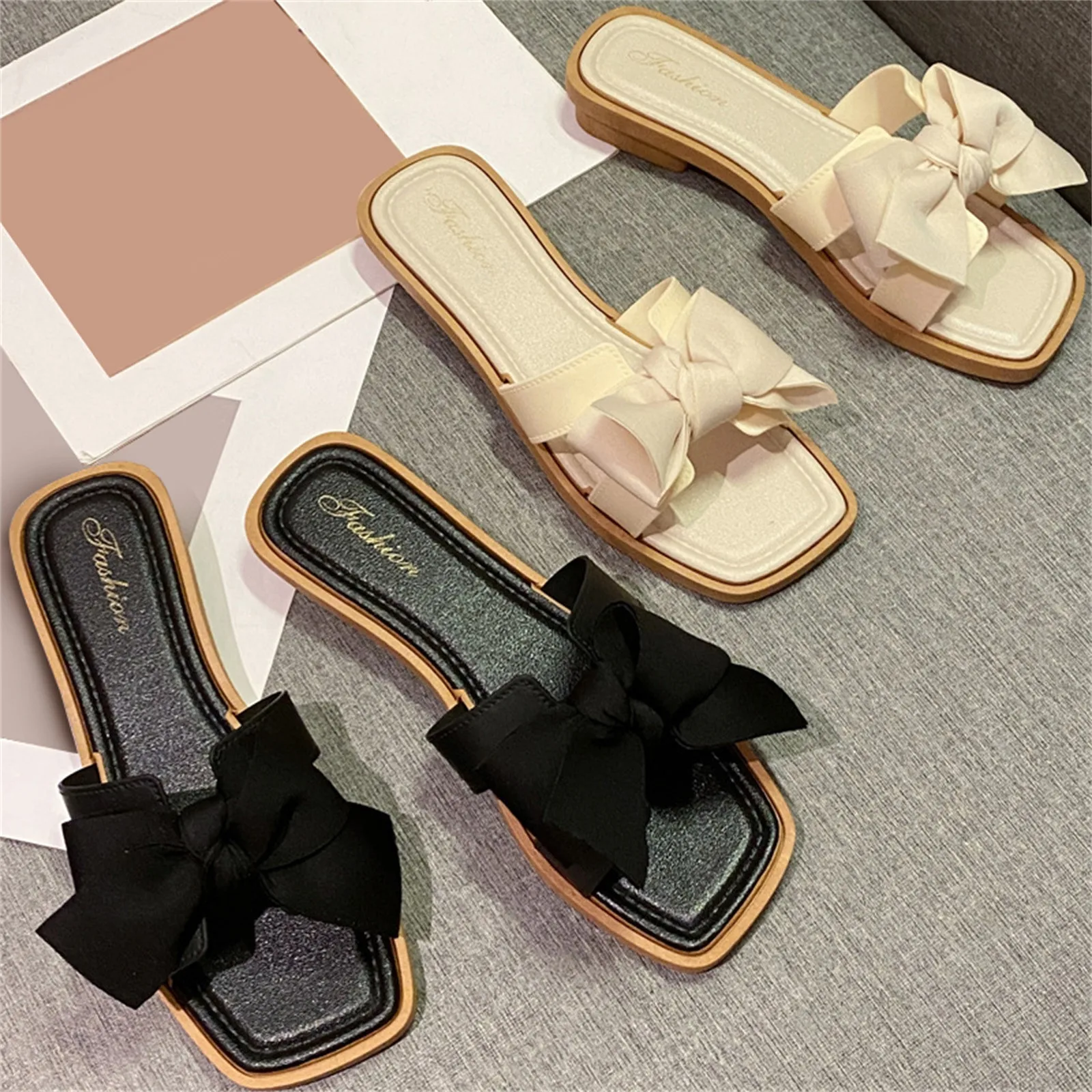 Новые летние сандалии, тапочки, модные женские тапочки на среднем каблуке с бантом и квадратным носком, повседневные уличные повседневные нежные универсальные сандалии