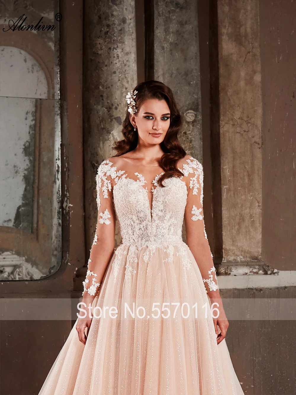 Alonlivn Shiny Tulle Illusion Sweetheart A-Line Wedding Dresses Beading Appliques Lace Full Sleeves Bridal Gowns